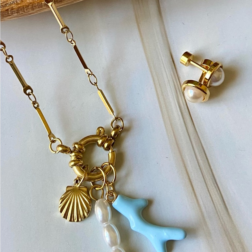 Stainless steel, Gold Plated necklace with pendants and front clasp with earr